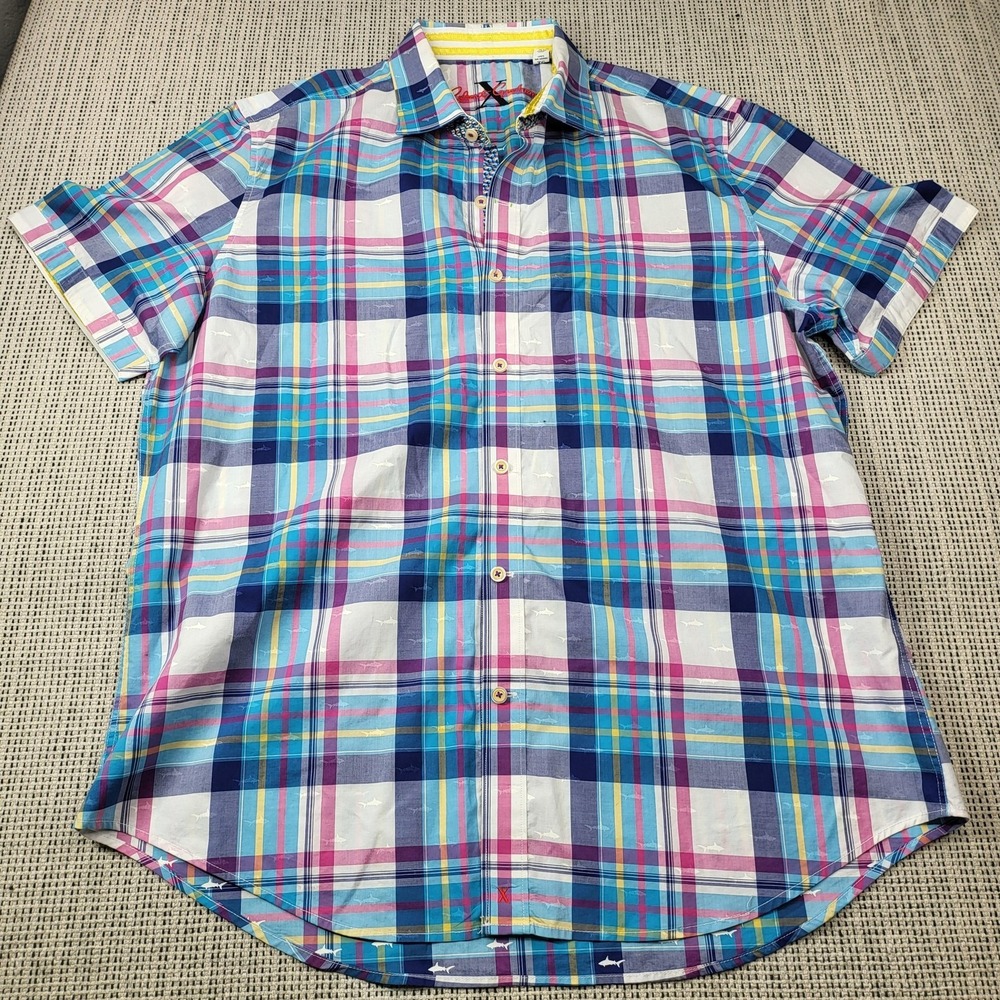 Robert Graham Shirt Mens‎ XL Multicolor Shark Plaid Short Sleeve Button Front